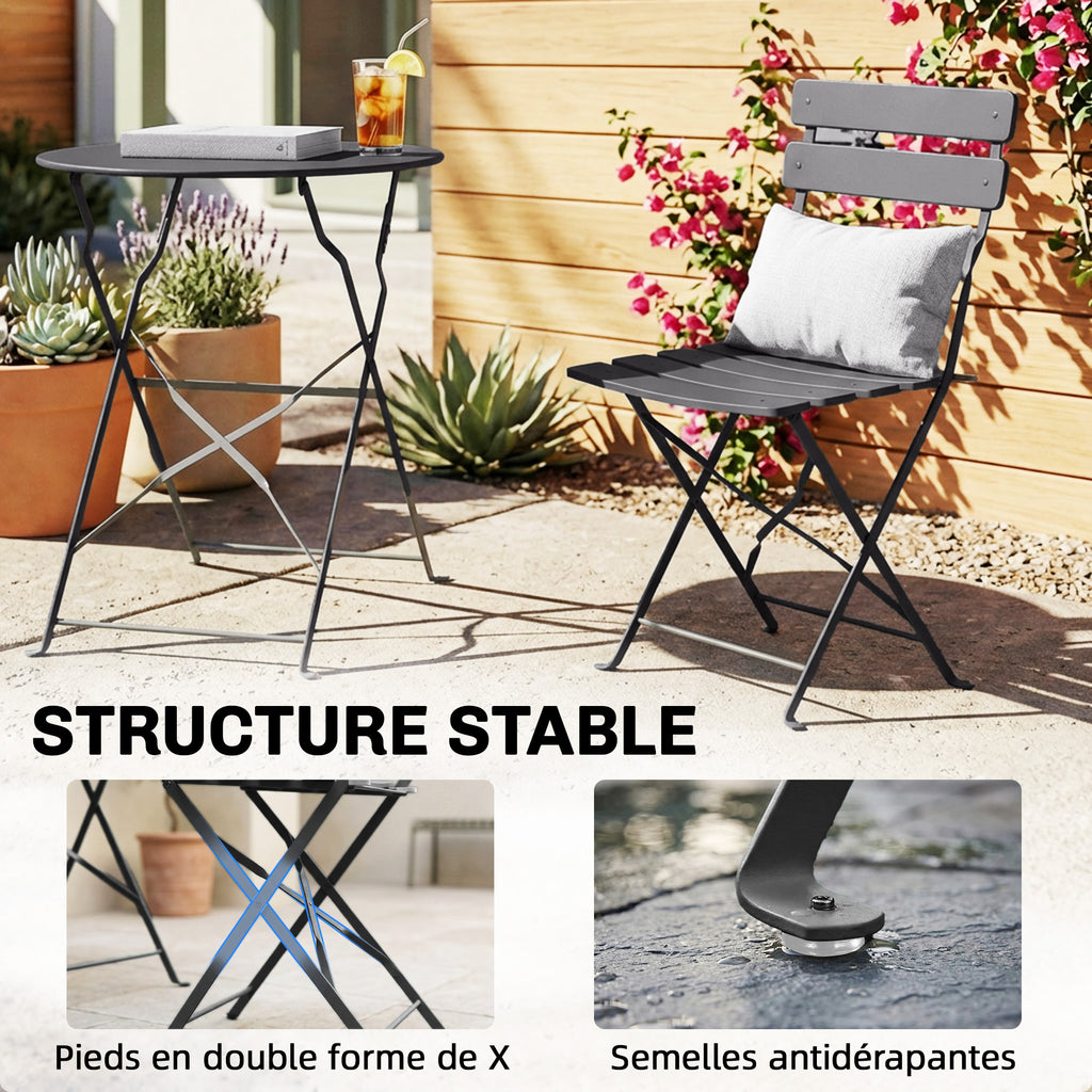 Ensemble Bistrot de Jardin 3 Pièces Table et 2 Chaises Pliantes à Lattes Double Protection Antirouille Noir-7