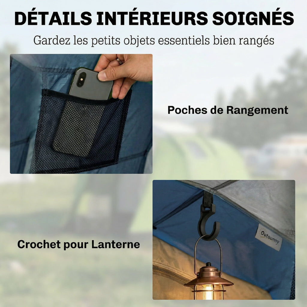 Tente de Camping Tunnel pour 4 Personnes Imperméable 3000mm Double Couche Hauteur 190cm Bleu Foncé-7