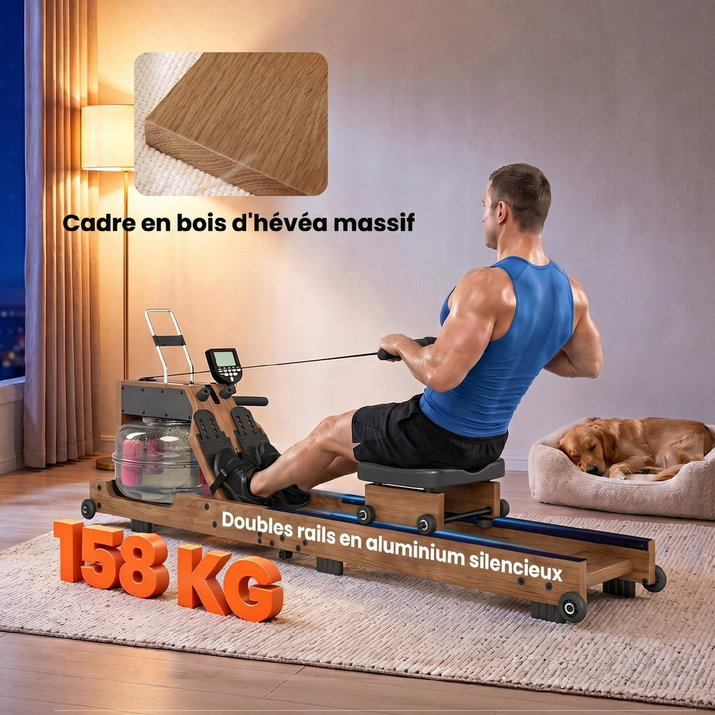 Rameur à Eau Rameur Appartement Pliable Double Rail Capacité 158kg Connexion Bluetooth 182x42x67cm Chêne-5