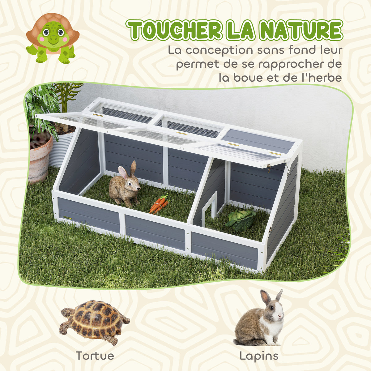 Maison enclos cage pour petit animal tortue en bois avec couvercle ouvrable, loquets, 2 espaces distincts, gris-4