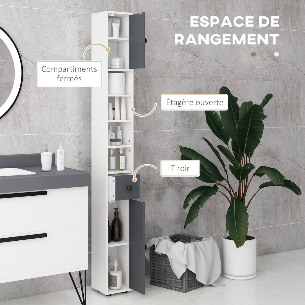 Colonne de rangement armoire haute pour salle de bain 1 tiroir 4 étagères réglables et 2 placards 20 x 20 x 180 cm gris-3