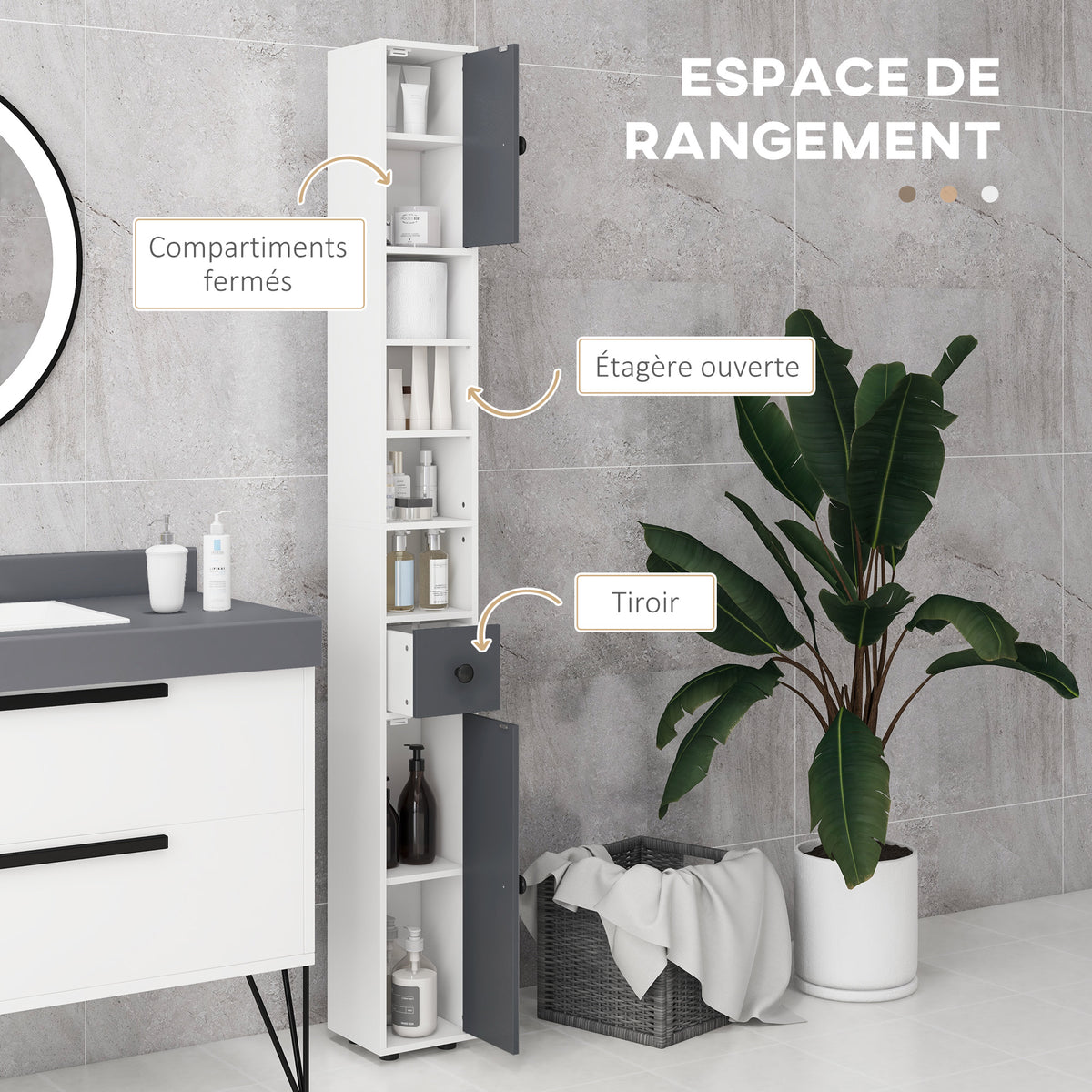 Colonne de rangement armoire haute pour salle de bain 1 tiroir 4 étagères réglables et 2 placards 20 x 20 x 180 cm gris-3
