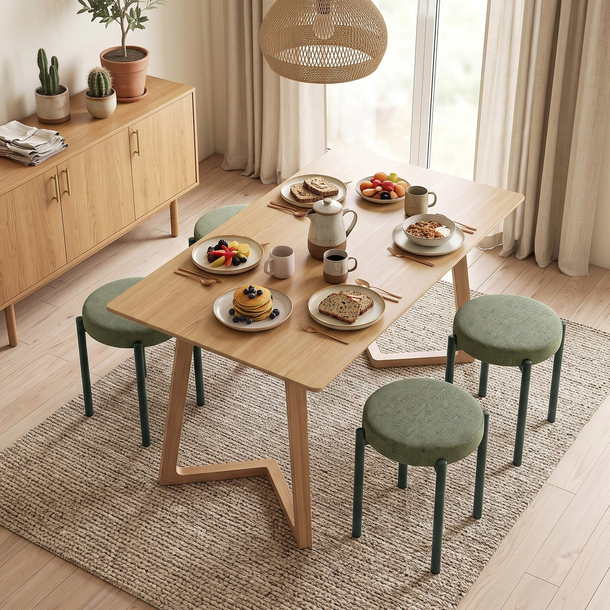 Lot de 4 Tabourets Empilables Ronds avec Assise Rembourrée, sans Dossier, Gain de Place, 45 x 45 x 47,5 cm, Vert Foncé-1