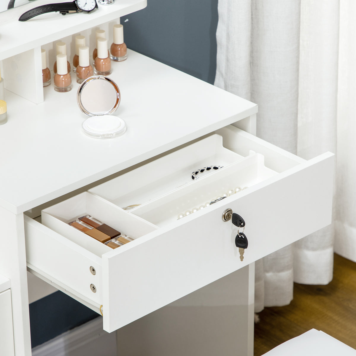 Ensemble de coiffeuse avec tabouret rembourré grand miroir + plusieurs étagères ouvertes + 4 tiroirs blanc-6