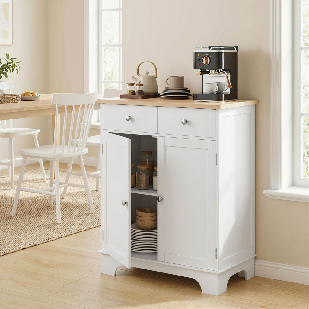 Meuble de rangement buffet salon avec placards à portes, 2 tiroirs et étagère réglable, armoire de rangement pour salon, cuisine, chambre, blanc et bois naturel-1