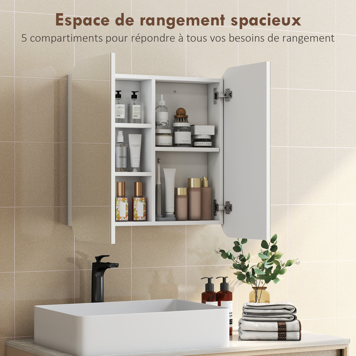 Armoire murale salle de bain avec miroir arqué meuble salle de bain étagère réglable portes miroir 68 x 13 x 66 cm blanc-4