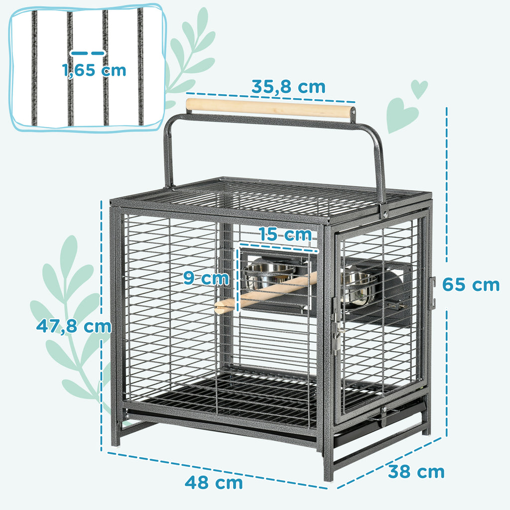 Cage de transport en acier pour perroquets, cage à oiseaux avec 2 bols en acier inoxydable, 2 perchoirs, plateau, noir-2