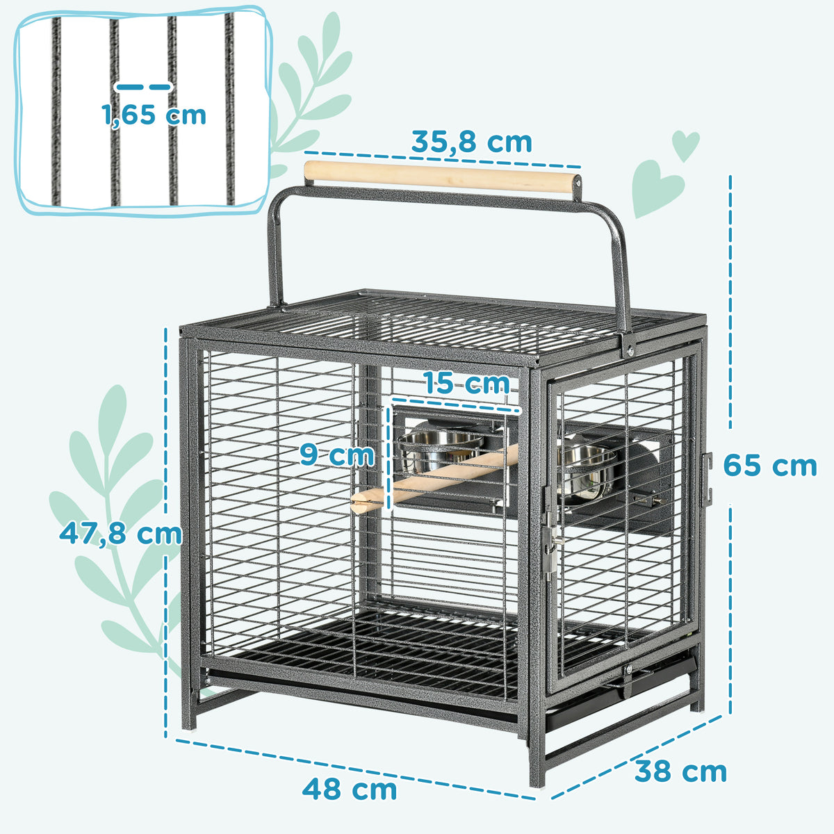 Cage de transport en acier pour perroquets, cage à oiseaux avec 2 bols en acier inoxydable, 2 perchoirs, plateau, noir-2
