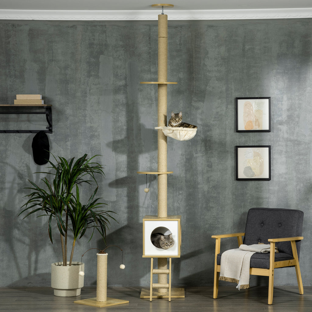 Arbre à chat sol au plafond hauteur réglable 225-285 cm avec poteau à gratter 4 niveaux niche hamac échelle jeux beige-1