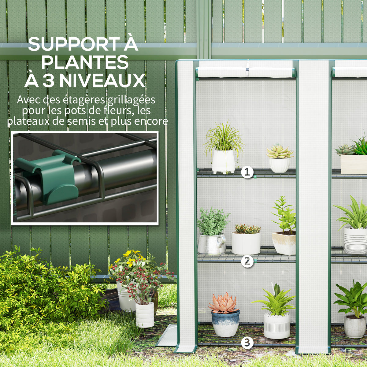 Serre de jardin avec étagères métalliques à 3 niveaux serre de balcon couverture PE toit incliné 144 x 48 x 152 cm blanc-4