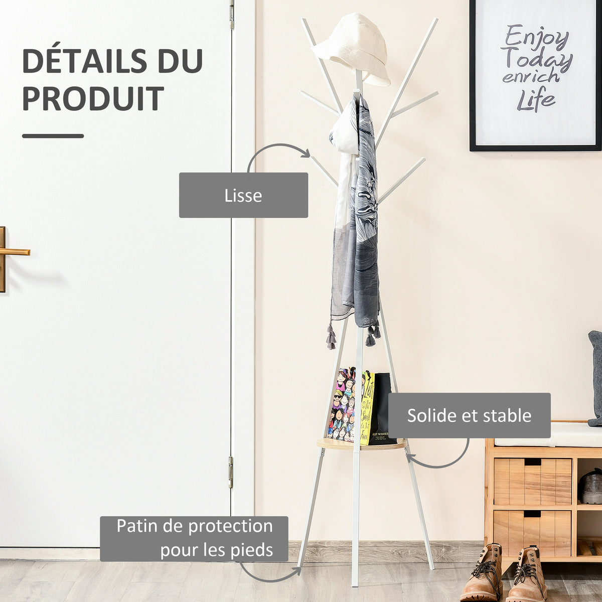 Porte-manteau trépied design contemporain branches étagère + 9 patères dim. 45L x 45l x 180H cm métal blanc-4