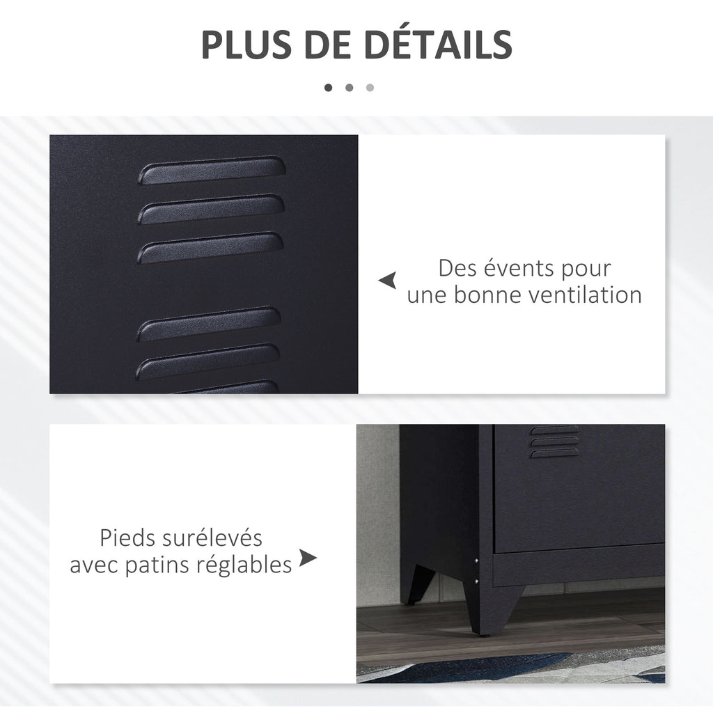 Meuble TV banc télévision design industriel 2 placards avec 2 étagères réglables passe-câbles structure acier noir-7