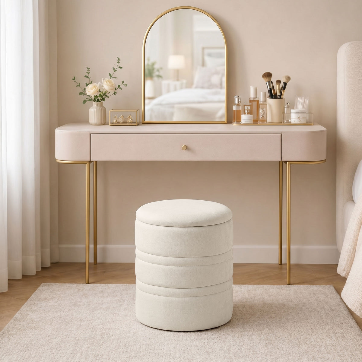 Pouf de Rangement en Chenille avec Couvercle, Tabouret Rond pour Salon et Chambre, Beige-7