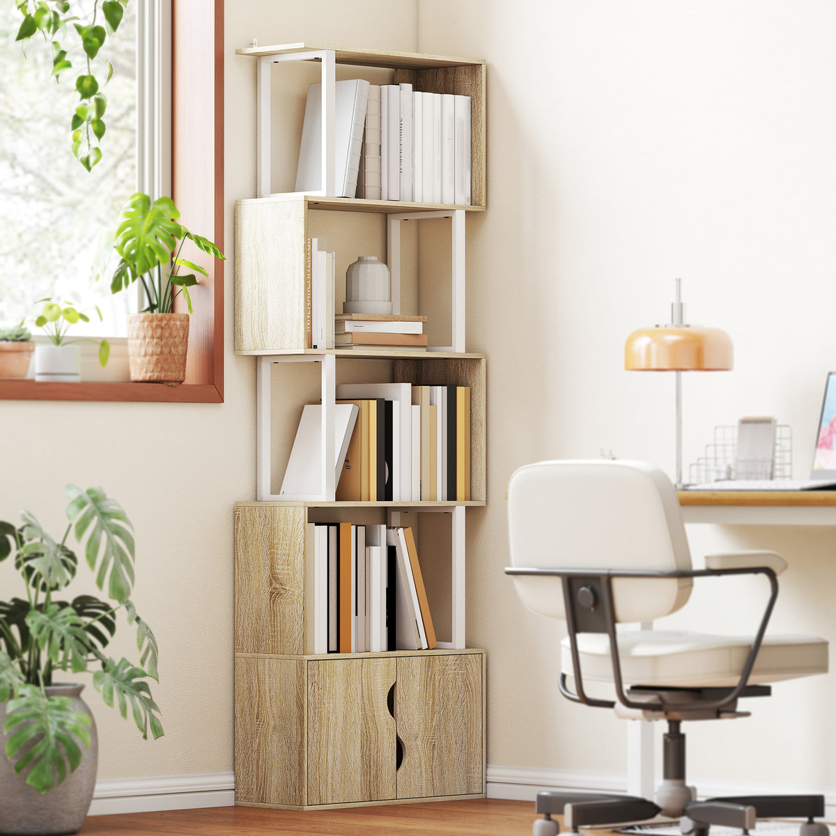 Bibliothèque à 5 niveaux, meuble de rangement avec étagères et placard double porte, 60 x 23,8 x 179,2 cm, bois naturel-1