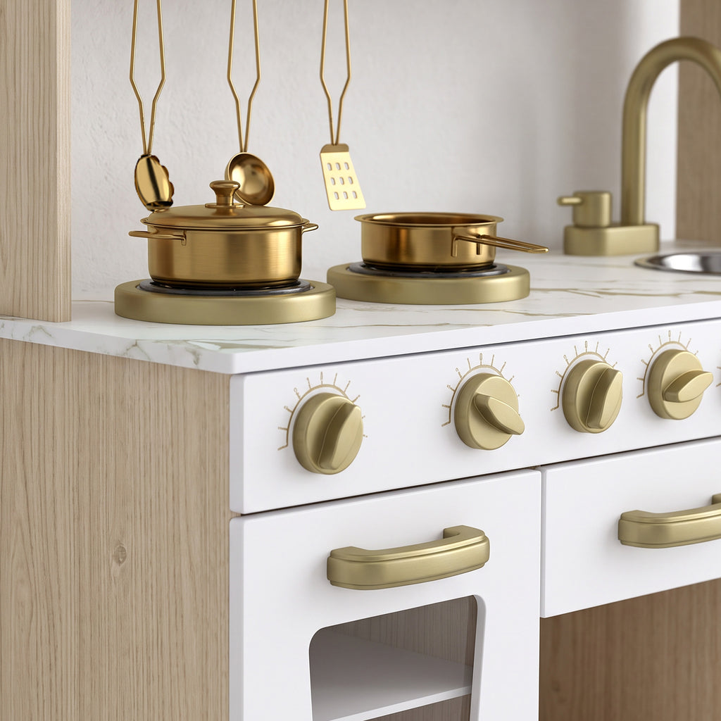 Cuisine Enfant en Bois, Dinette Cuisine Enfant avec Ustensiles en Acier Inoxydable, pour 3 à 6 Ans, 74x29x81cm, Blanc-9