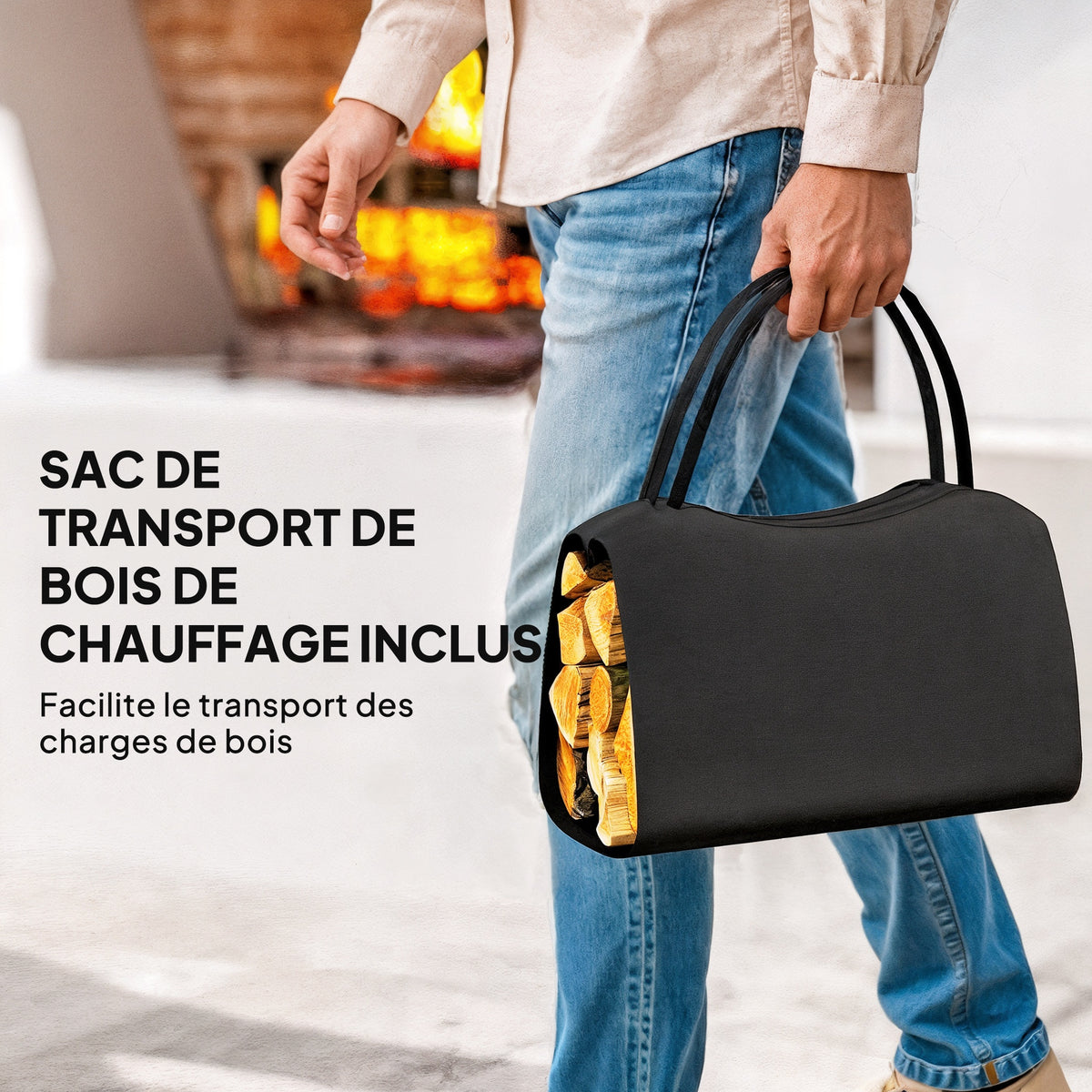 Range-bûches porte buche avec sac de transport et poignées pour intérieure, en métal robuste, 53 x 33 x 43 cm, noir-4