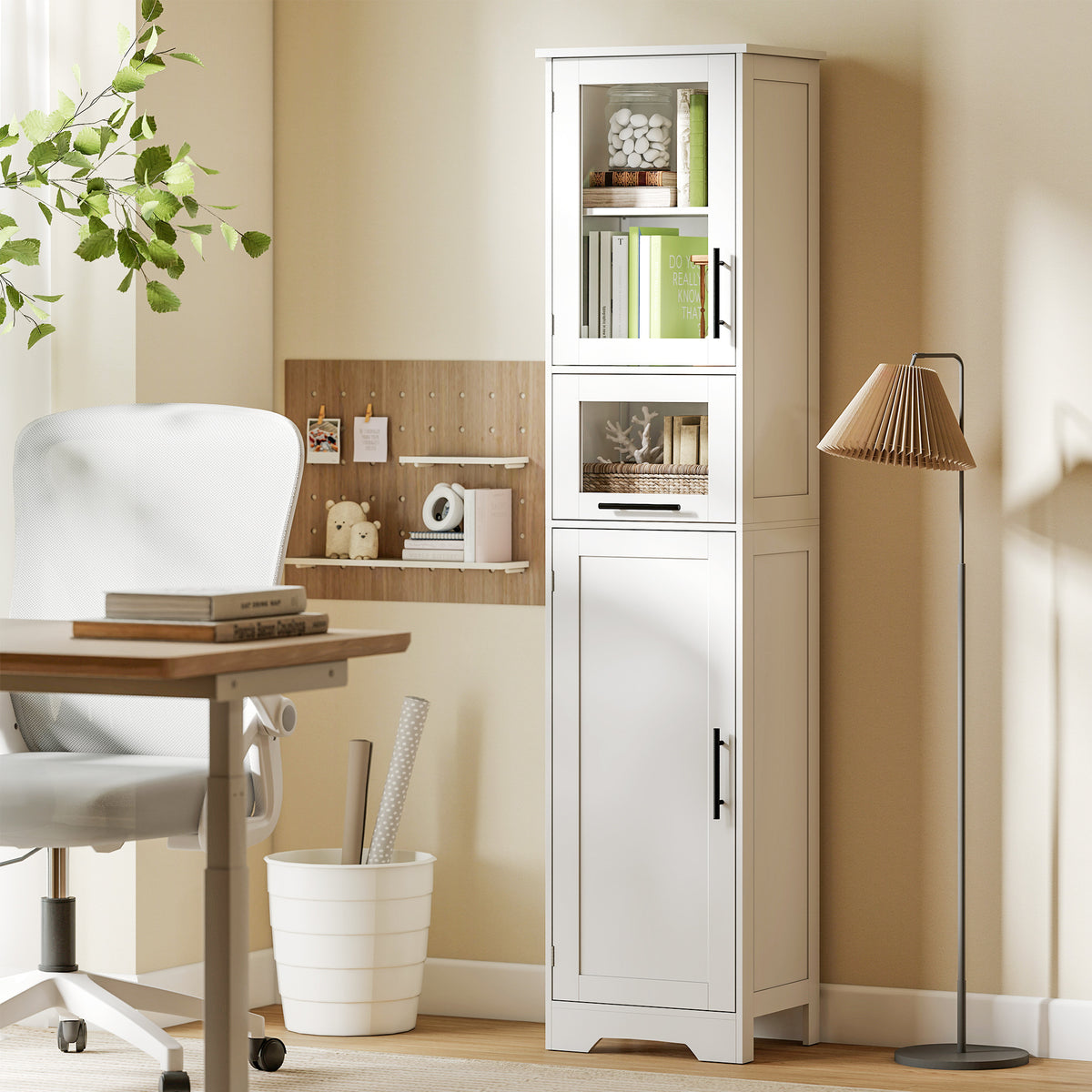 Meuble colonne salle de bain, meuble de rangement avec tiroir, 2 portes et étagère réglable, 40 x 31 x 170 cm, blanc-7