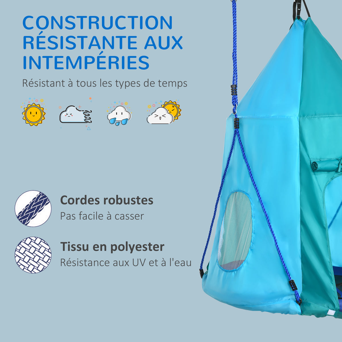 Balançoire nid d'oiseau avec tente amovible Ø 100 cm charge max. 150 Kg corde réglable en hauteur 120 à 180 cm bleu-7