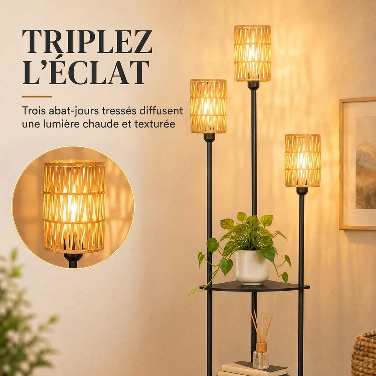 Lampadaire interrupteur pied Lampe sur Pied 3 étagères Noir-3