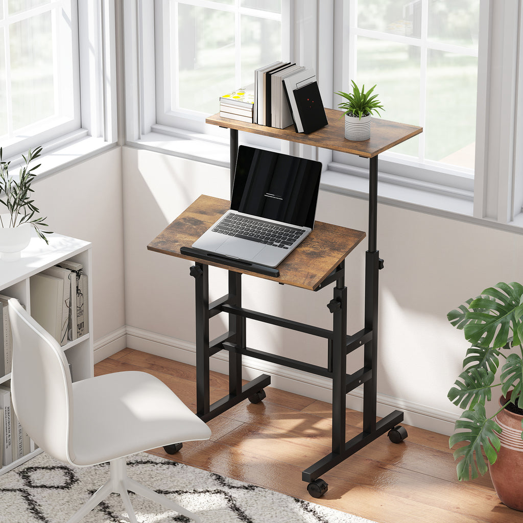 Bureau assis debout bureau réglable en hauteur 60 x 60 cm à roulettes avec plateau inclinable cadre métal brun rustique-9
