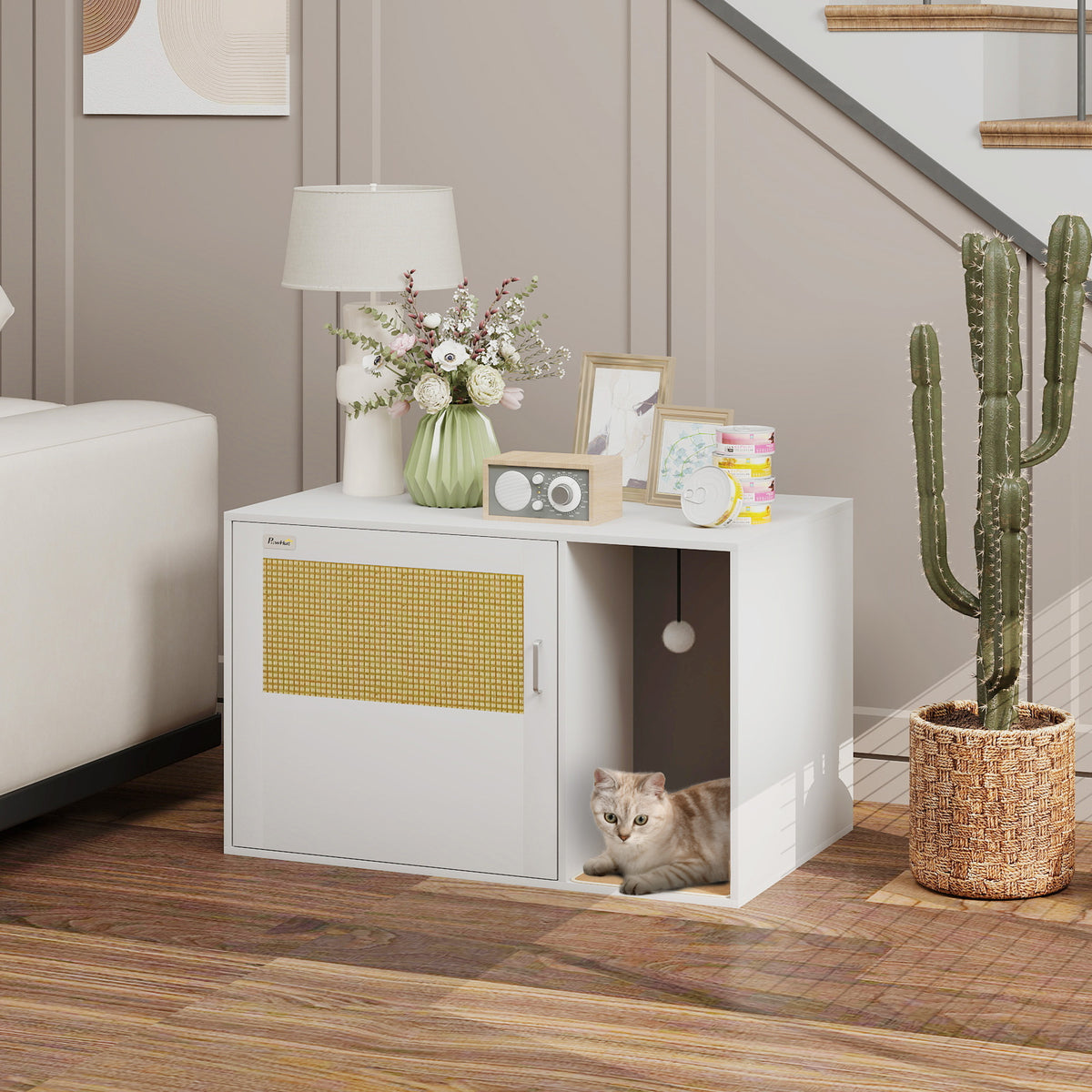 Maison de toilette chat meuble litière pour chat tapis griffoir porte avec poignées style bohème 80 x 50 x 50 cm blanc-9