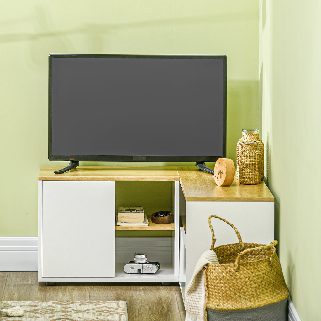 Meuble TV d'angle banc télévision jusqu'à 40 pouces avec rangements aspect bois clair et blanc-6