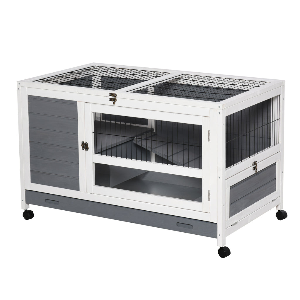 Clapier en bois cage à lapin villa pour lapin avec plateau coulissant, porte verrouillable, dessus ouvrable gris-0
