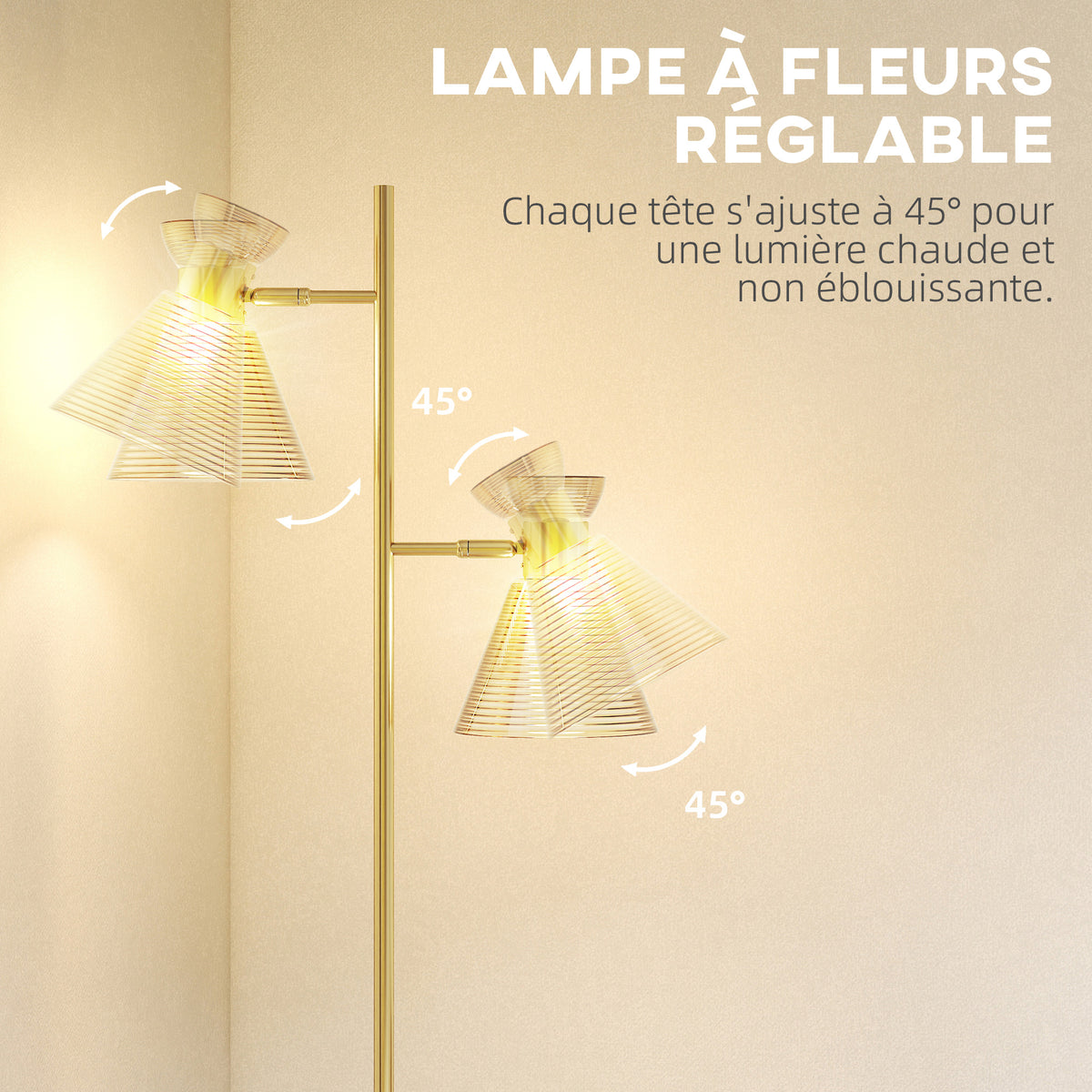 Lampadaire sur pied salon à double tête réglable, lampe sur pied, abat-jour en verre floral, 42 x 25 x 165 cm, doré-3