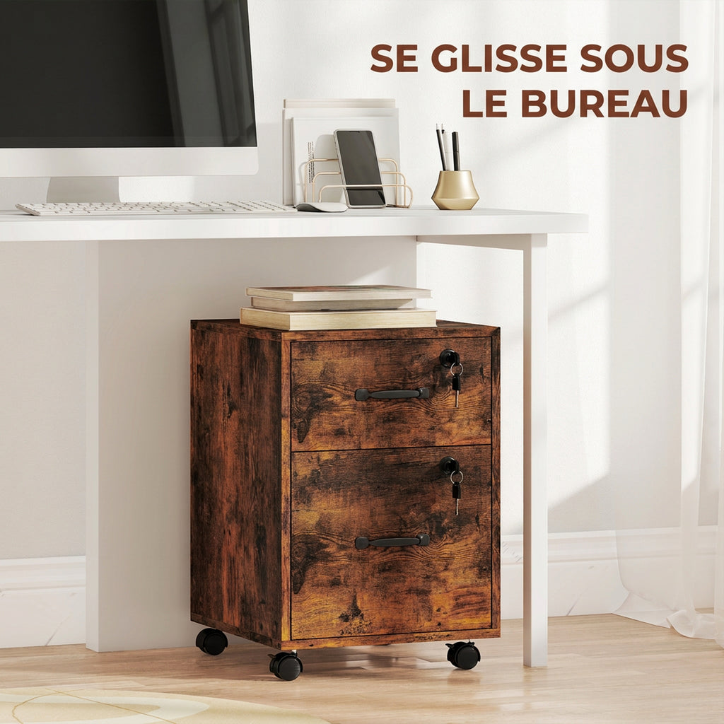 Caisson bureau mobile à 2 tiroirs, meuble rangement bureau sur roulettes pour documents suspendus format lettre, marron-6