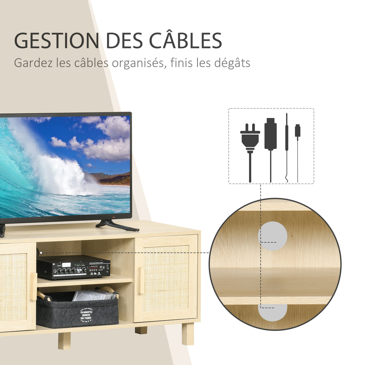 Meuble TV Banc TV 2 niches 2 placards Porte cannage en rotin dim. 115L x 40l x 48H cm MDF Aspect Bois Clair-3