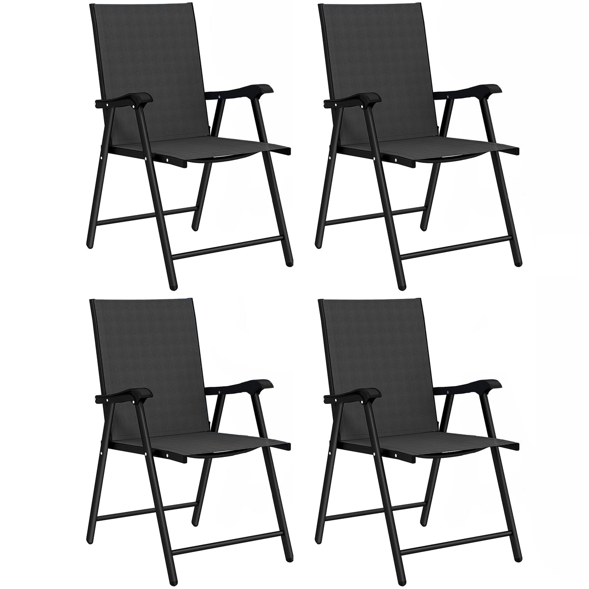 Lot de 4 Chaises de Jardin Pliantes Structure Acier Robuste sans Montage Dossier Haut Ergonomique 58x62x97cm Noir-0