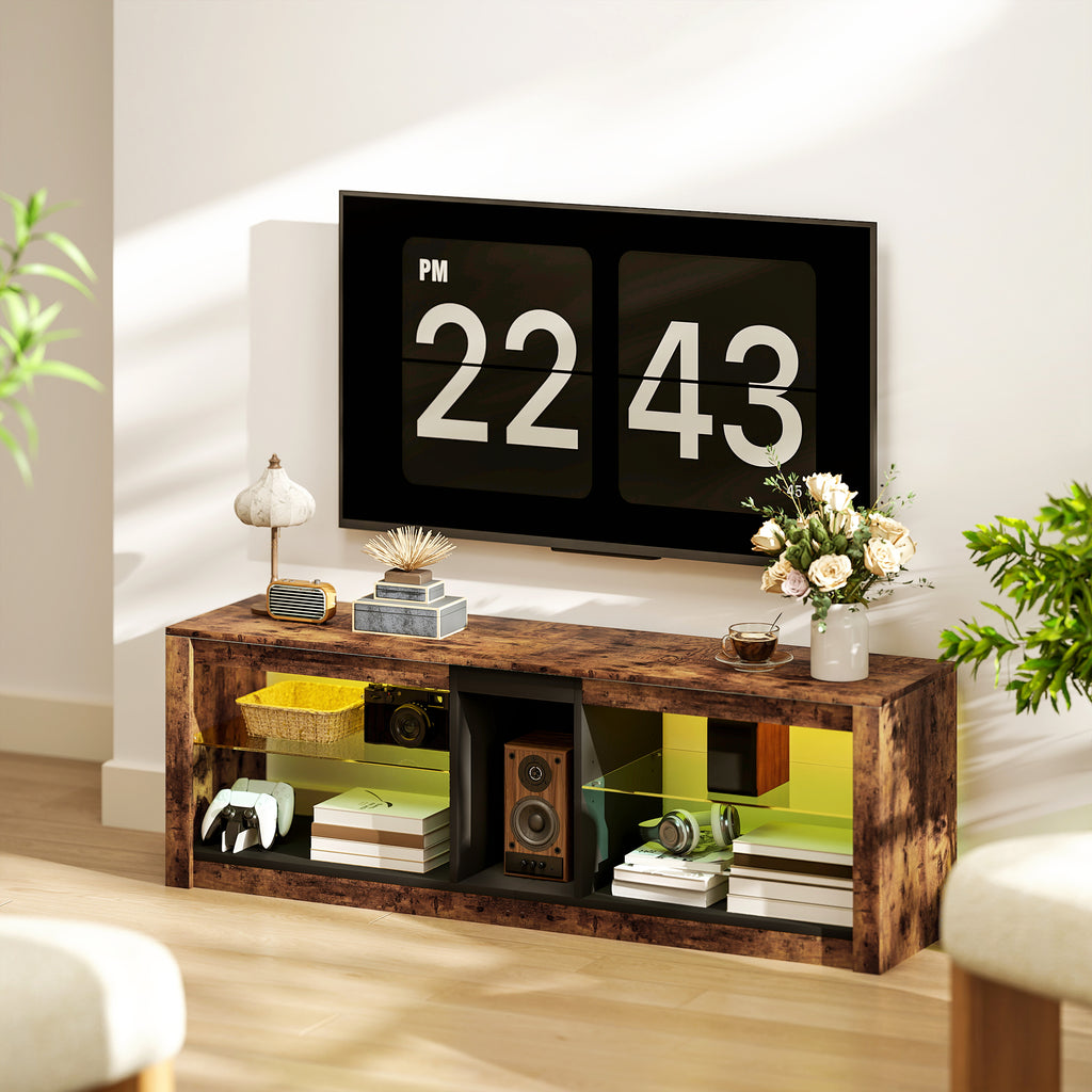 Meuble TV avec lumières LED et télécommande, étagères et compartiments ouvert, 140x35x47cm, marron-9