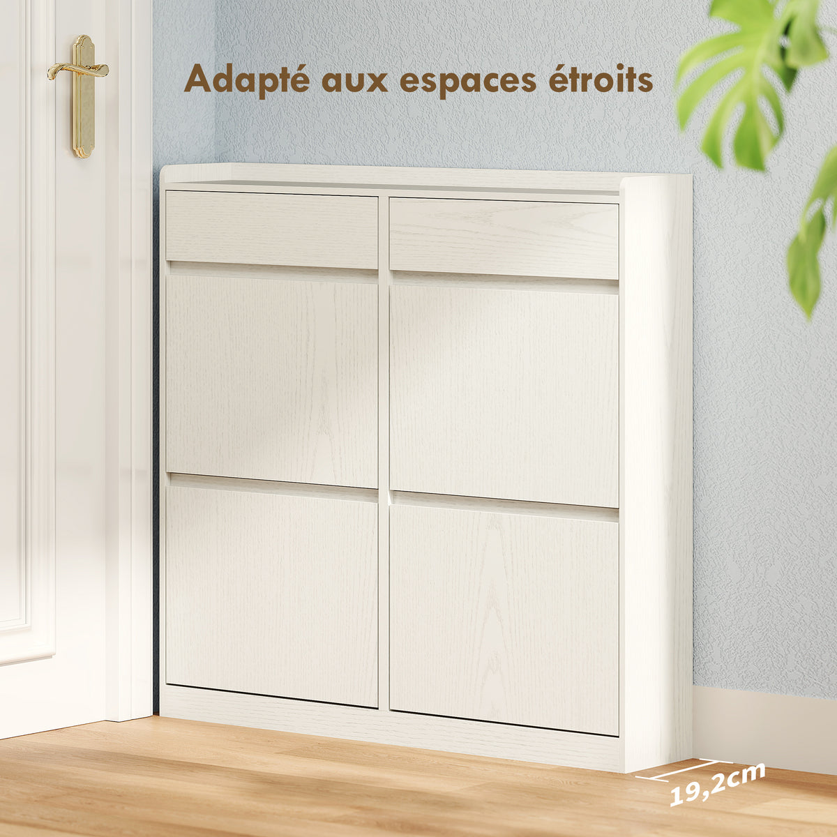 Meuble à chaussures 8 paires avec 2 tiroirs coulissants et 4 tiroirs rabattables, 98 x 19,2 x 95,3 cm, blanc-3