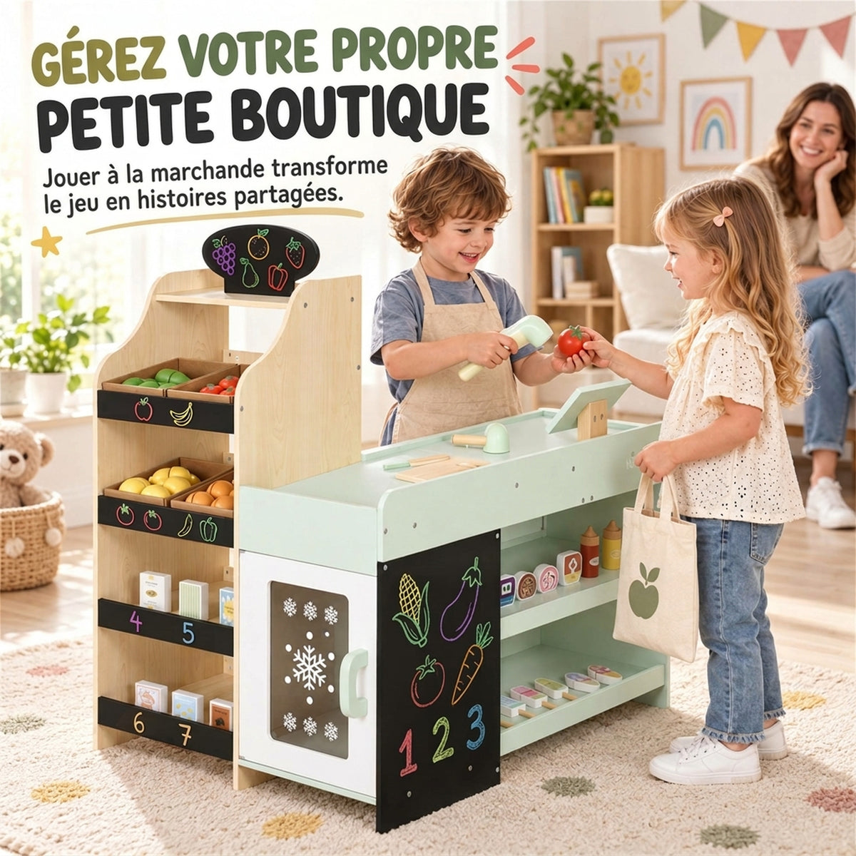 Marchande Enfants en Bois, Caisse Enregistreuse, Aliments Factices, Tableau Noir et 44 Accessoires, pour 3 à 6 Ans-3