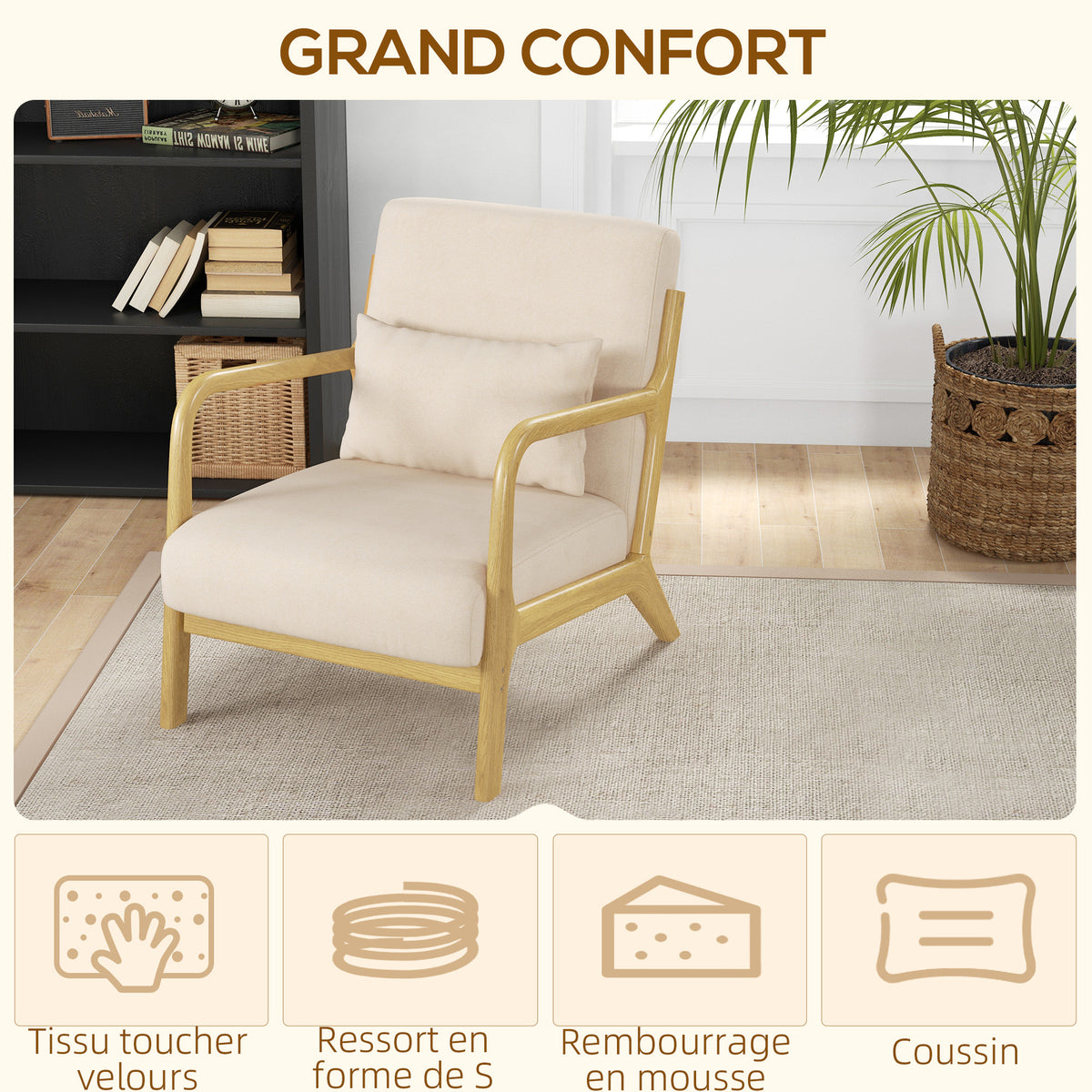 Fauteuil lounge - 3 coussins inclus - assise profonde - accoudoirs - structure bois hévéa - aspect velours beige-3
