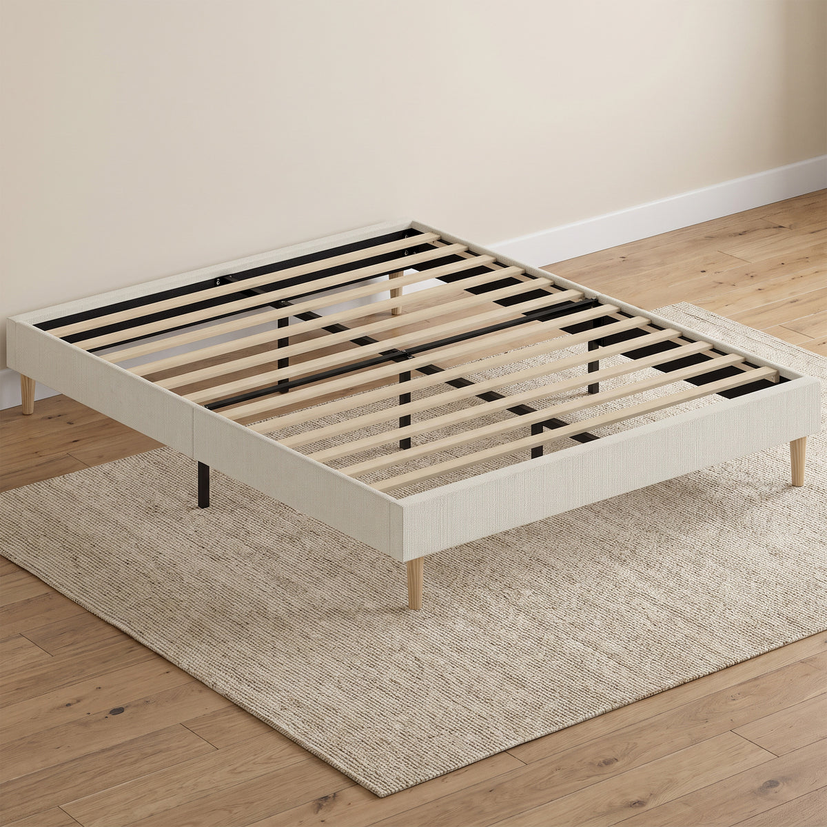 Cadre de Lit 160 x 200 cm avec Sommier, Lit Double Rembourré en Velours Côtelé, Espace de Rangement Au-Dessous, Crème-1