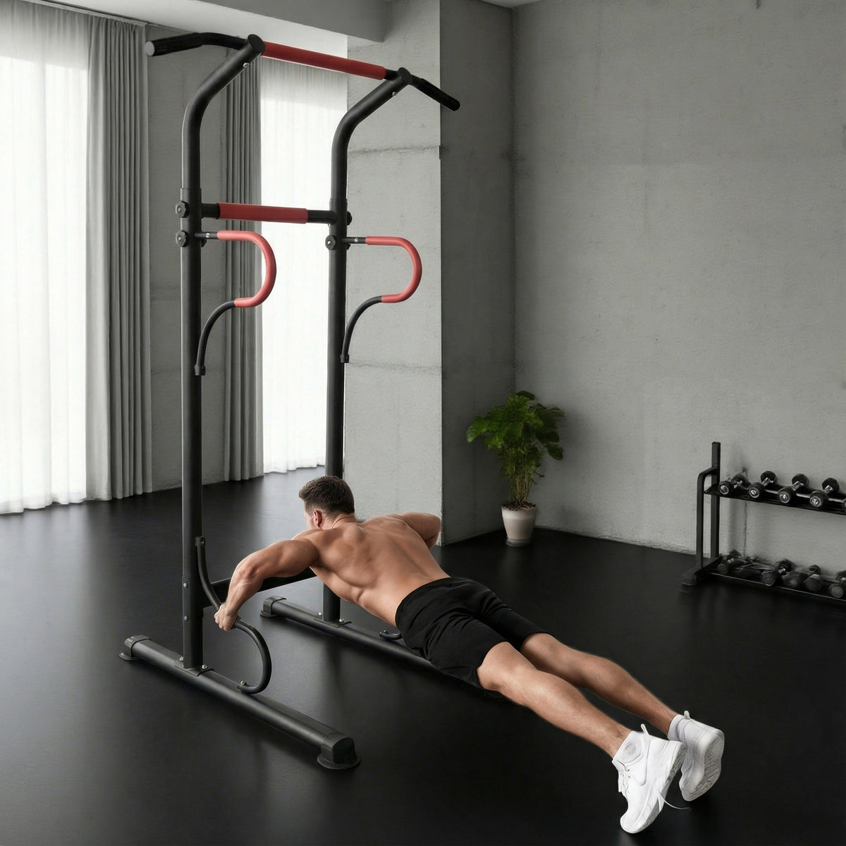 Station de musculation multifonctions barre de traction chaise romaine hauteur réglable acier noir rouge-7