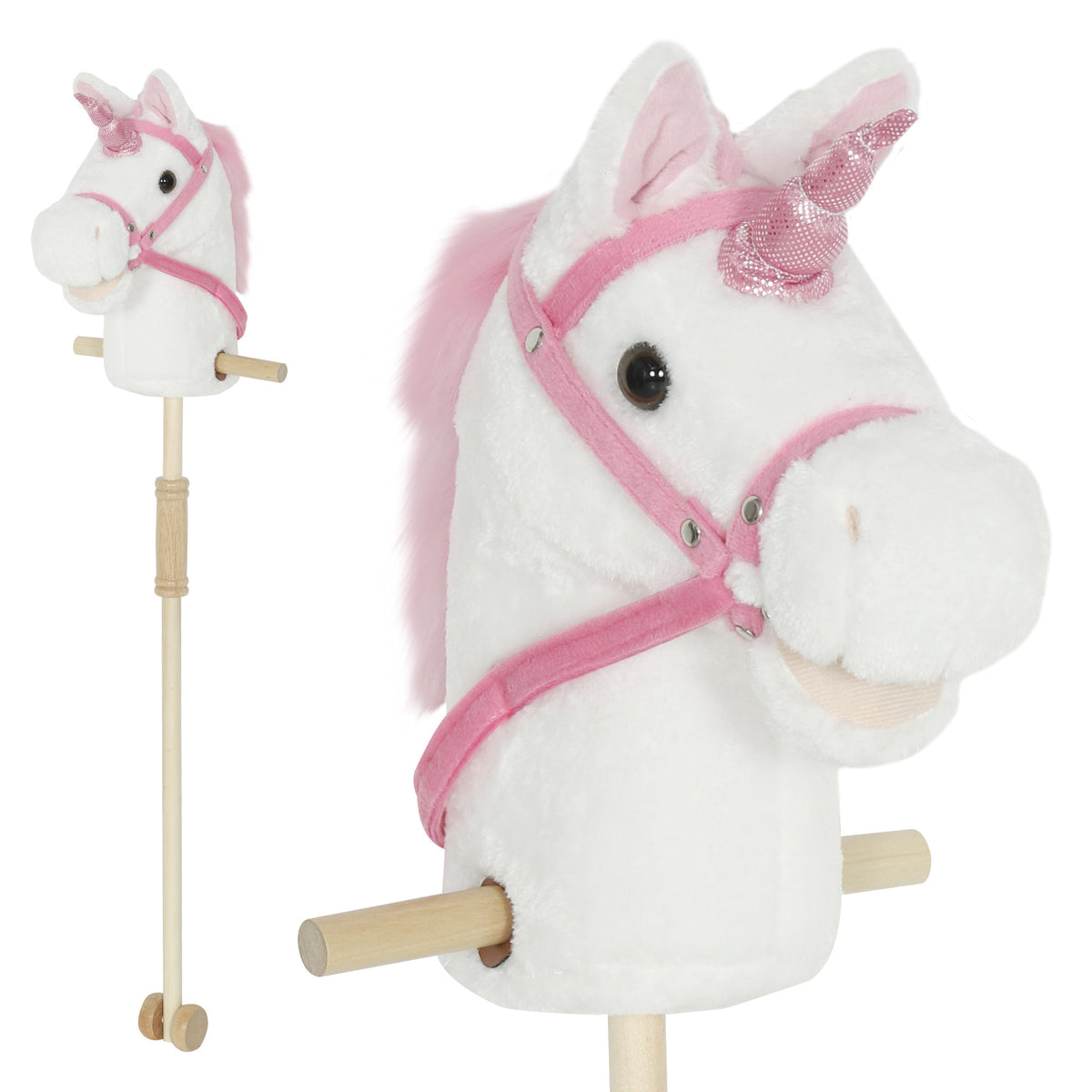 Cheval Bâton pour Enfants de 1+ Ans - Hobby Horse 95 cm, Roues, Sons Réalistes, Tête Légère en Mousse, Blanc-0