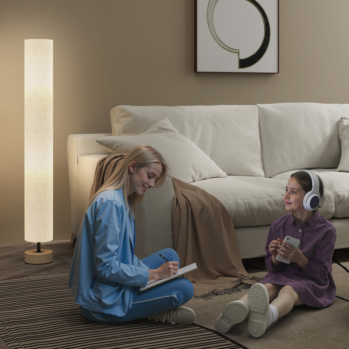 Lampadaire sur pied de salon avec abat-jour en lin, interrupteur à pied, 2 x douille E27, 120 cm, gris-6