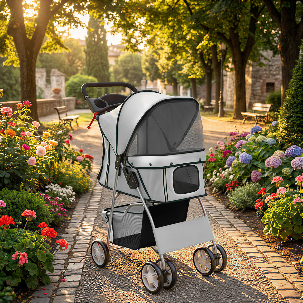 Poussette buggy pliable animaux chariot pliante chien chat porte-gobelet panier de rangement 77 x 44 x 102 cm gris-1