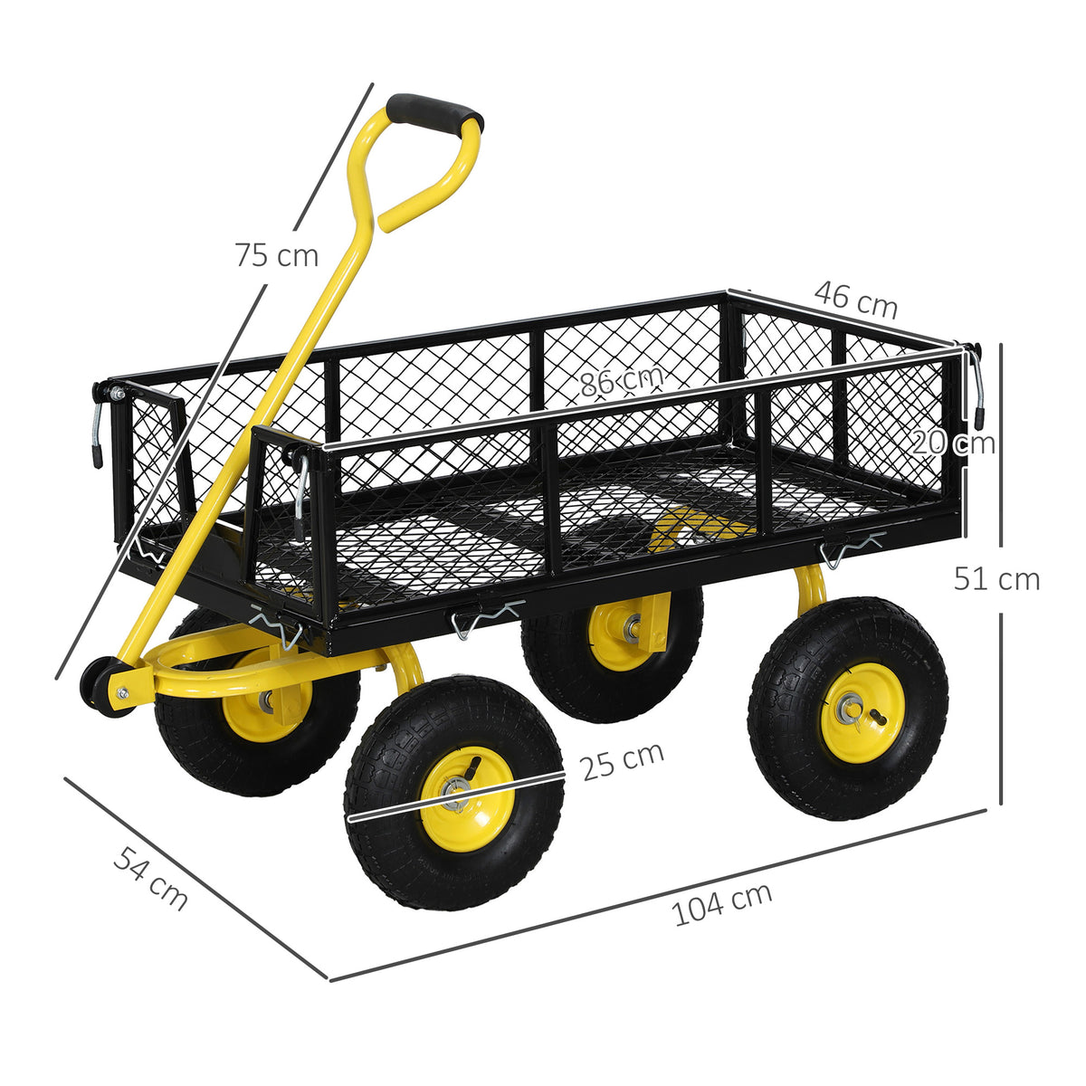 Chariot de jardin chariot de transport 4 roues côtés amovibles transformable en plateau 104 x 54 x 51 cm noir et jaune-2