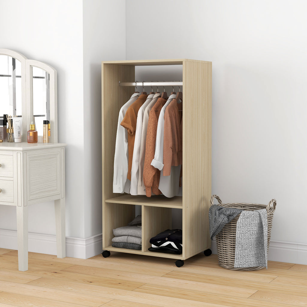 Armoire penderie étagère 2 niches penderie 4 roulettes pivotantes dim. 60L x 40l x 128H cm bois naturel-9