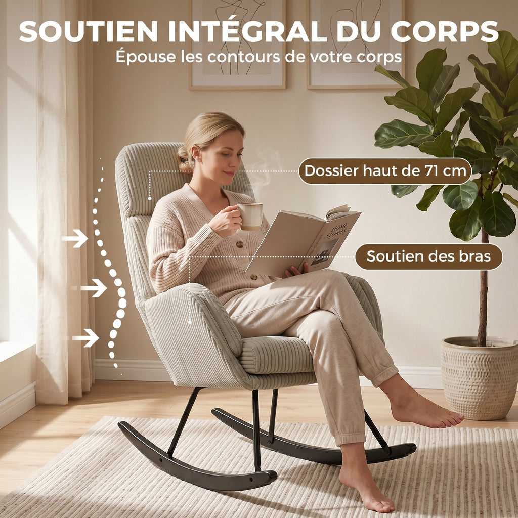 Fauteuil à Bascule, Rocking Chair en Velours Côtelé avec Dossier Haut et Accoudoirs, Pieds en Bois d'hévéa, Beige-4