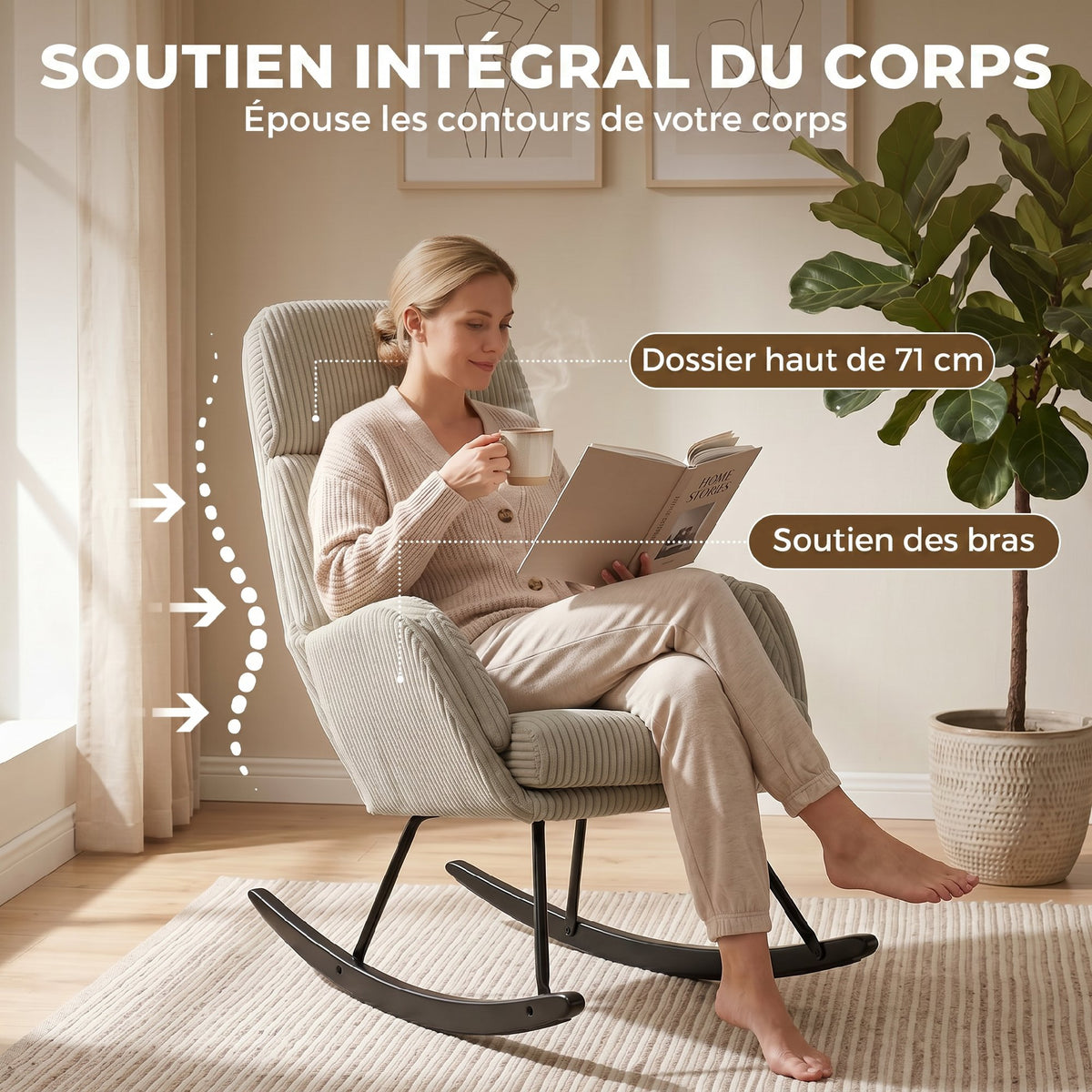 Fauteuil à Bascule, Rocking Chair en Velours Côtelé avec Dossier Haut et Accoudoirs, Pieds en Bois d'hévéa, Beige-4
