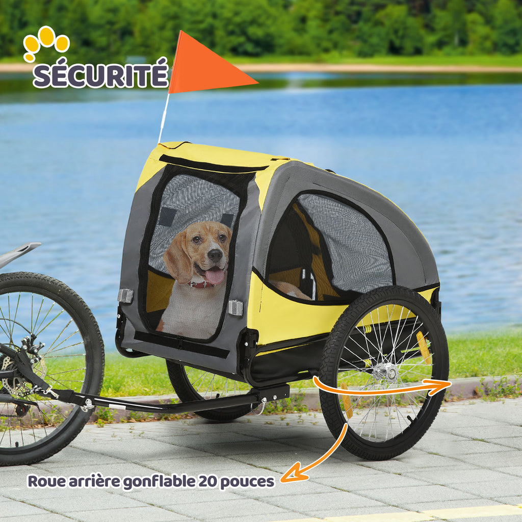 Remorque de vélo pour chien avec fenêtres en maille réflecteurs et drapeau de sécurité 140 x 71 x 83 cm jaune-6
