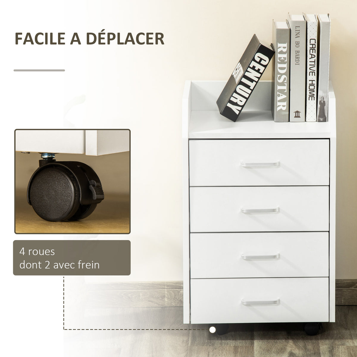 Caisson de bureau rangement sur roulettes 4 tiroirs coulissants MDF et panneaux de particules dim. 40L x 36l x 65H cm blanc-4