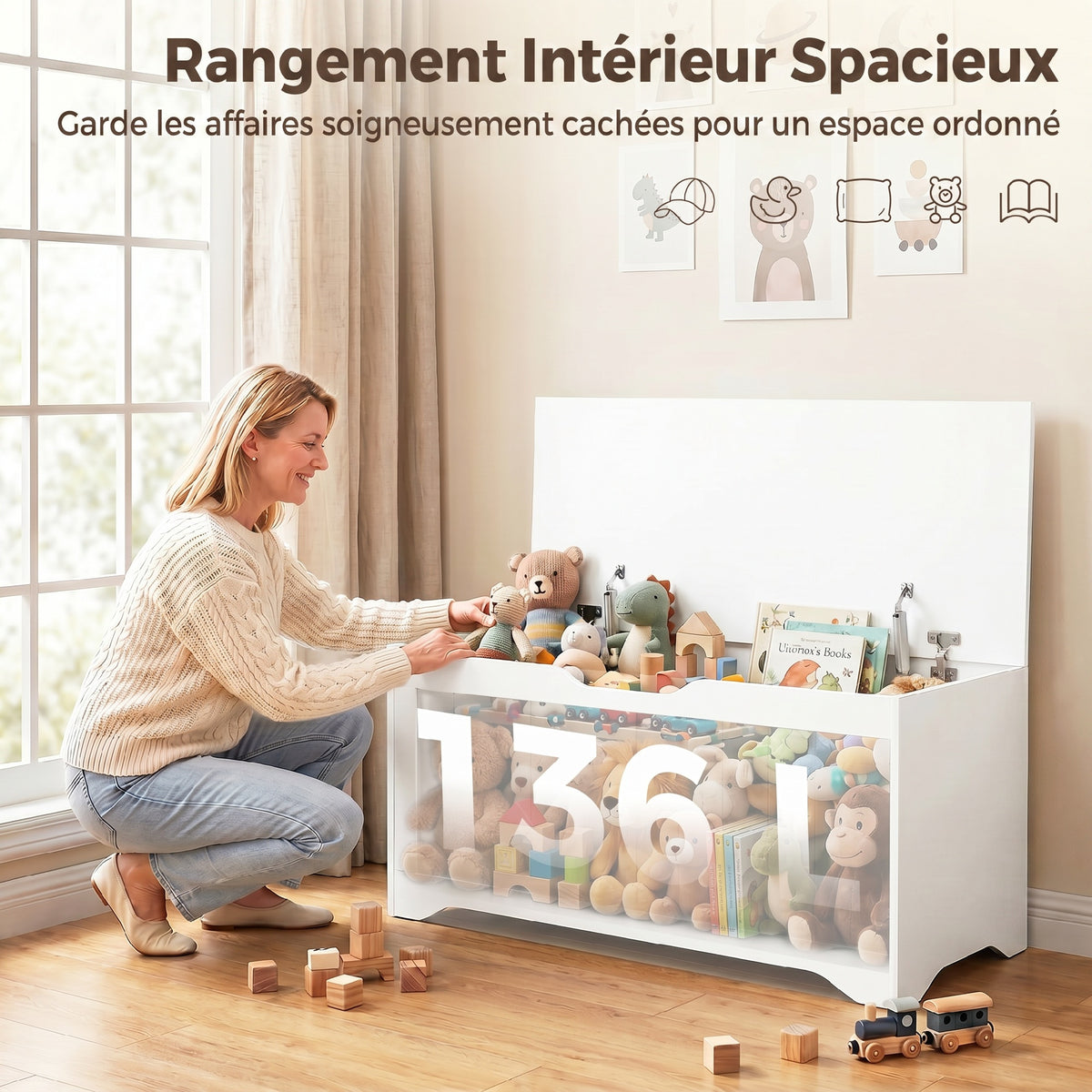 Coffre de Rangement 136 L, Banc Coffre avec 2 Charnières de Sécurité et Design Sans Poignée, 100 x 40 x 45 cm, Blanc-3
