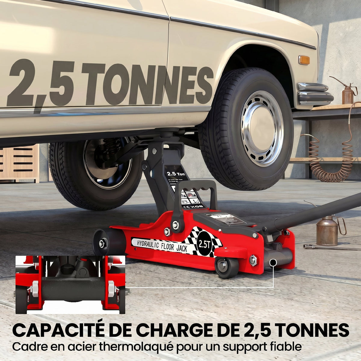 Cric hydraulique, cric de manœuvre extra plat charge max 2500 kg, plage de levage 80-360 mm, 53 x 20,5 x 17,5 cm, rouge-4