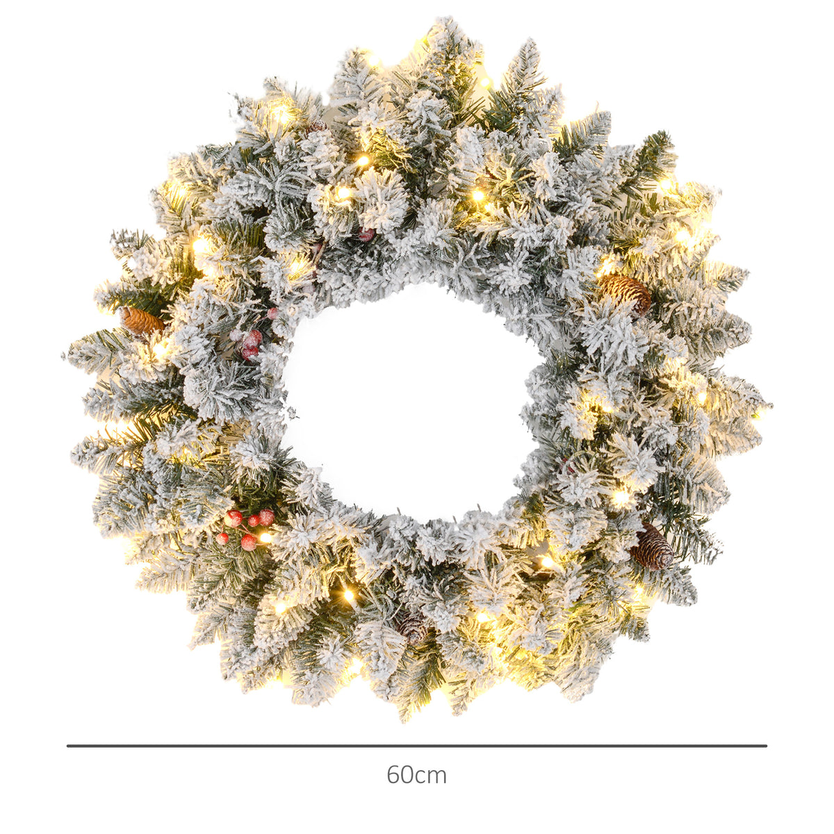 Couronne de Noël porte artificielle 60 CM avec pommes de pin et grappes de baies, lumières LED et minuterie vert-2