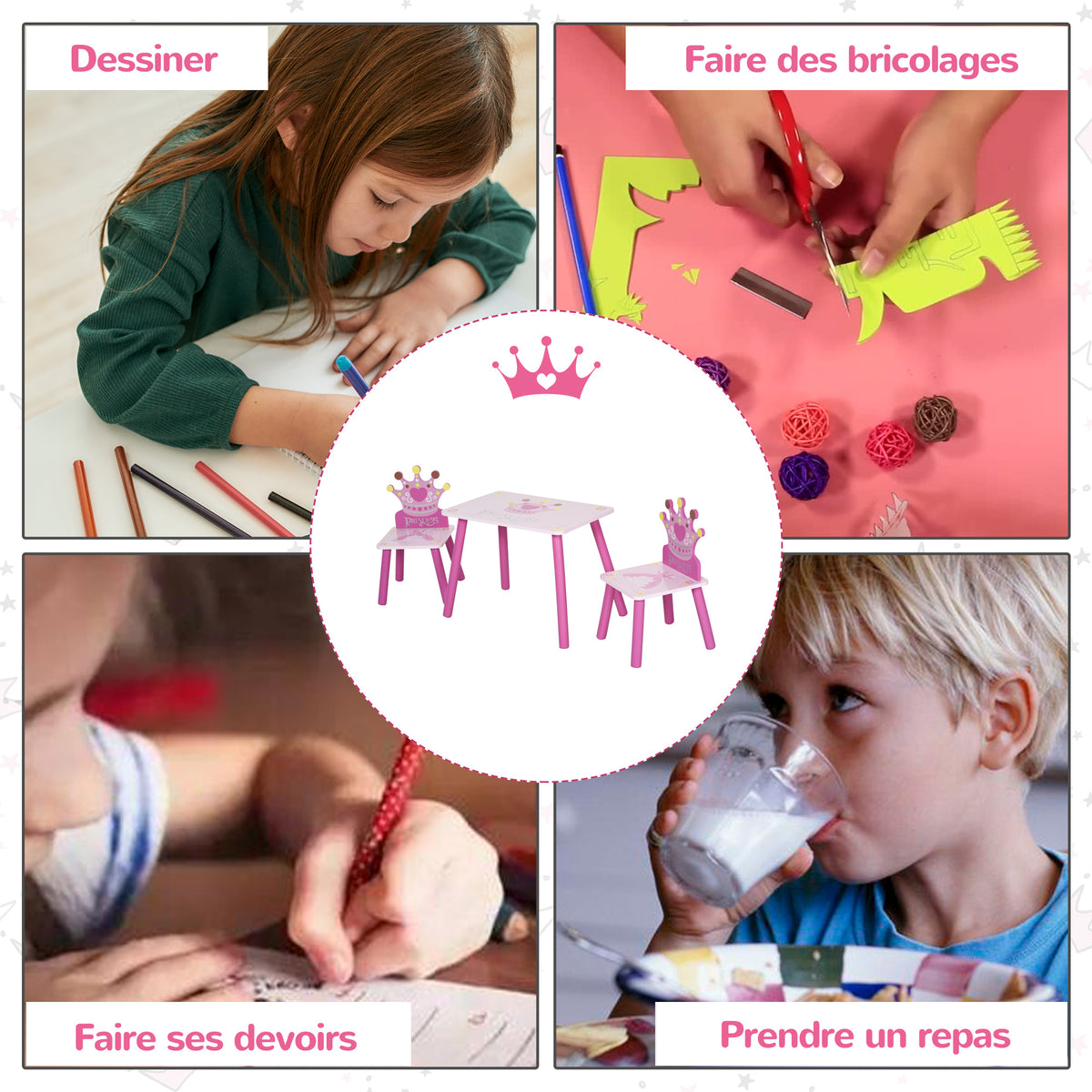 Ensemble table et 2 chaises enfant 3 pièces, pieds en bois massif, table avec chaise motif couronne, pour filles et garçons de 2 à 4 ans, rose-4